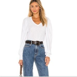 Nation LDT Tabitha Long Puff Sleeve Pima Cotton V-Neck Top NWT